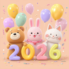 Obraz premium Cute Cartoon Animals with 2026 BalloonsBear Bunny Cat Holding 2026 NumbersHappy New Year 2026 Cartoon AnimalsCute 2026 Celebration with BalloonsCartoon Bear Rabbit Cat 2026 Party