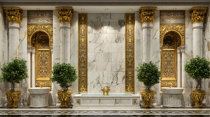 A marble and gold indoor structure with two potted plants.