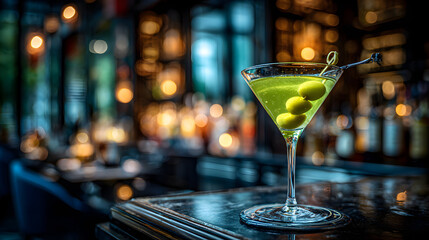 A martini glass with green olives sits on a bar counter.