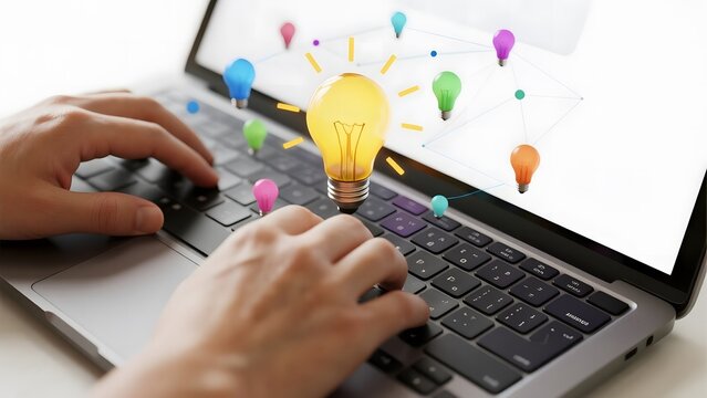 Hands typing on a laptop with a glowing light bulb and colorful network icons on the screen