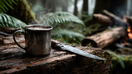 A metal mug and knife on a log in a forest setting.