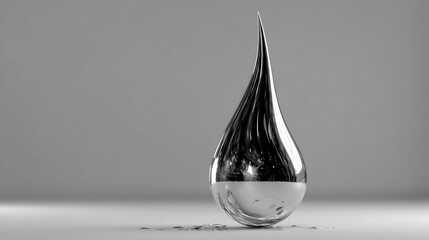 A metallic teardrop sculpture on a light gray surface.