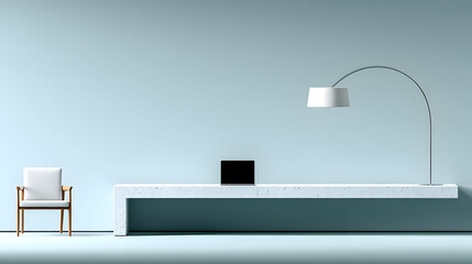 A minimalist office interior with a white chair, a long desk, a laptop, and an arc lamp against a light blue wall.