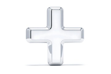 Obraz premium 3D metallic plus sign silver cross math symbol medical positive addition icon isolated on white background healthcare and calculation illustration