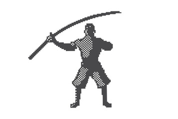 Pixelated Samurai Warrior with Katana Sword in Fighting Stance on White Background