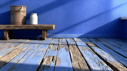 A milk can and bottle on a rustic wooden bench against a blue wall.