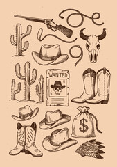 Obraz premium Engraving illustration of western cowboy elements including hat, boots, guns, cactus, skull, and sheriff badge in retro vintage style.