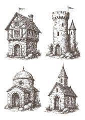 Fototapeta premium Vintage sketch of medieval castles with towers and stone walls, engraving illustration of historic architecture and fantasy fortress design.