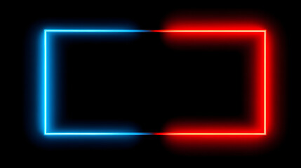 A neon rectangular frame with a blue and red border on a black background.