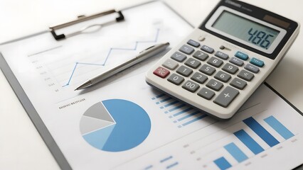 Calculator and financial charts on a clipboard, indicating business analysis