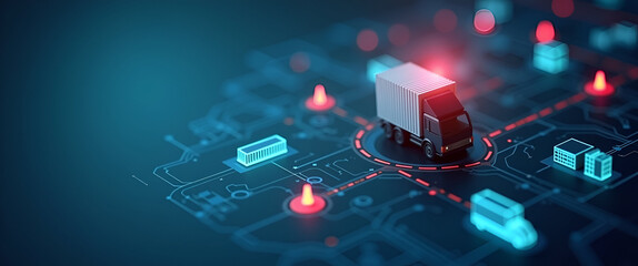 Close?up of supply chain disruption infographic overlaying port truck warehouse icons with red alert markers indicating breakpoints in logistics chain in Photo Stock Concept and empty space on the 