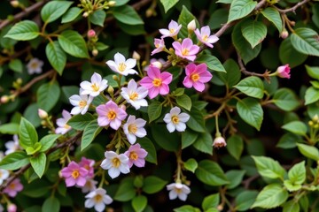 Naklejka premium flowering herbal vine, leaves and flowers used for wellness tea, cinematic photorealistic wide shot showcasing traditional herbal applications vividly rendered