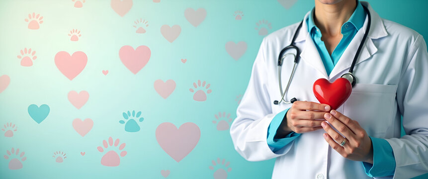 Photo realistic as Veterinarian with Pet and Heart concept as An image of a veterinarian with a pet and heart symbol set against a whimsical background offering ample space for text or graphics symbol