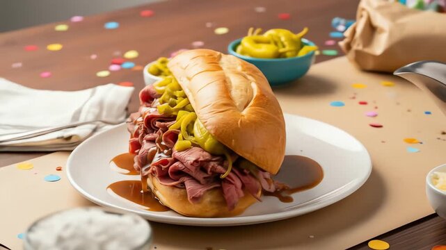 French dip sandwich with au jus pickled peppers and confetti