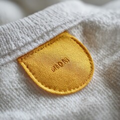 Close up of a textured fabric with a small light brown leather tag stitched onto it