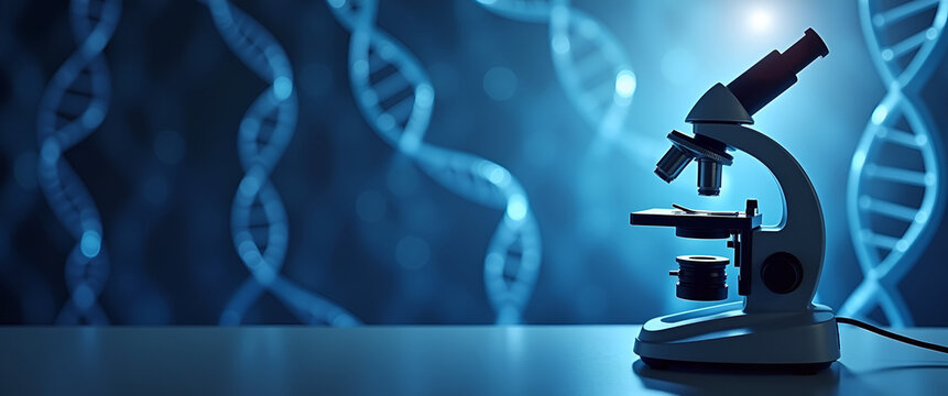 Microscope and DNA Strand Border Concept for World Pancreatic Cancer Day: Ample Copy Space for Research Messages on Pancreatic Cancer Awareness and Support in Photo Stock