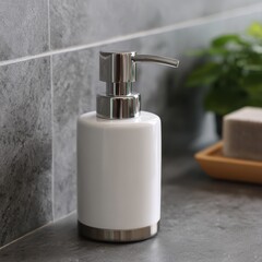 Obraz premium Modern white ceramic soap dispenser with chrome pump and textured grey tile background in a bathroom setting