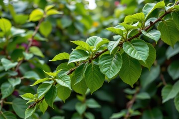 Obraz premium tropical vine with green leaves, harvested for herbal remedies, cinematic photorealistic wide shot showcasing medicinal applications vividly rendered