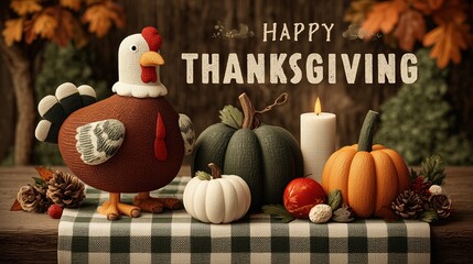 Happy Thanksgiving Card Vector Illustration with Turkey, Pumpkin and Candle on Table in Autumn Forest Background, Flat Cartoon Style with Bright Colors and Text Message