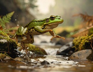 Fototapeta premium Green frog leaping in a stream