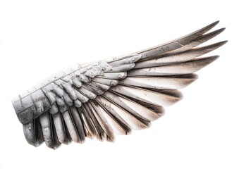 Fototapeta premium Detailed close-up of a stylized bird wing, light gray/white feathers, outstretched, against a pure white background