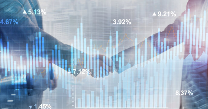 Stock chart wit blue bars, reflecting market trends on grid background - Powered by Adobe
