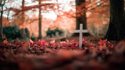 Wooden cross standing among fallen red and orange autumn leaves with blurred trees in background, symbolizing remembrance, nostalgia, peace, and the natural cycle of life