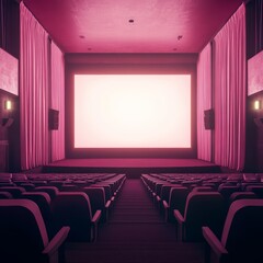 Fototapeta premium Empty movie theater with plush red seats and large screen illuminated by soft pink light