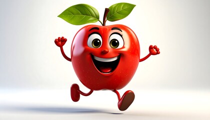 Running Apple Cartoon Character with Happy Smiling Face and Green Leaves