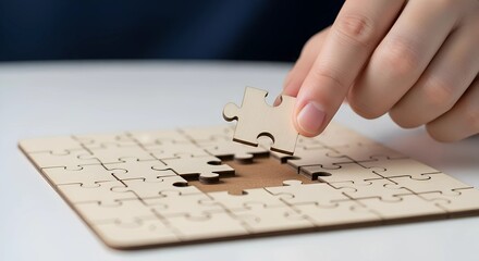 Close-up of a hand placing the final piece into a wooden jigsaw puzzle, symbolizing problem-solving, completion, and strategy