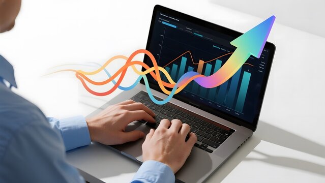 Person analyzing data trends on a laptop with colorful graph overlays - Powered by Adobe