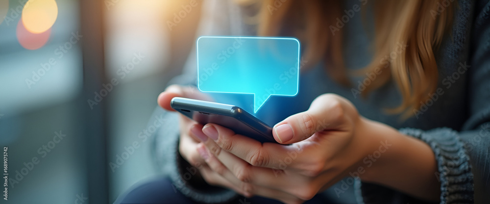 Wall mural closeup of a woman's hand holding a smartphone: emphasizing social networking and real-time messagin