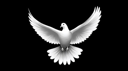 Obraz premium White vector illustration with flat design style of dove logo on black background, flying bird symbol of peace and love, logo for web banner, poster, print, t-shirt, hoodie or sticker template graphic
