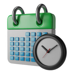 3D Calendar Icon with Green Top and Blue Grid with Clock for Time Management and Event Planning on Clear Background