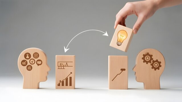 Wooden figures with icons representing knowledge transfer and learning processes