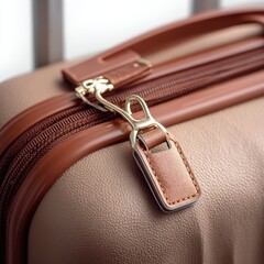 Close up of a brown leather luggage zipper with a metallic pull tab and fabric strap