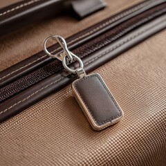 Close up of a vintage leather suitcase zipper with a textured pull tab and metal hardware