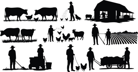 Silhouette illustration of farmers with cows, chickens, goats, barn, tools, cart, and field work in rural agriculture lifestyle scene. © MDALRAFIN