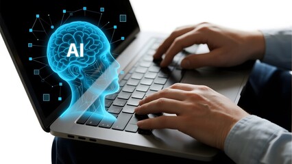 Person typing on a laptop with an AI brain graphic overlay, symbolizing artificial intelligence technology.
