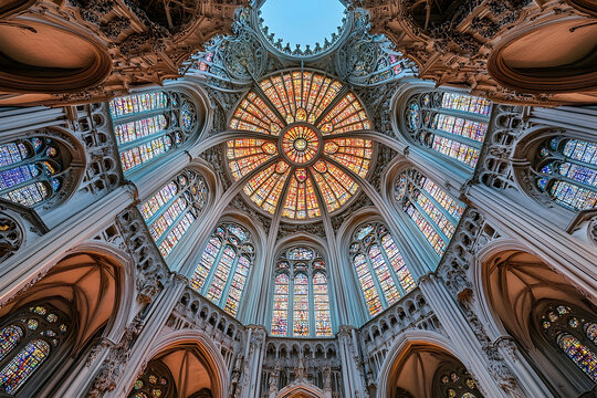 Stunning upward view showcasing a cathedral's architectural beauty. Vibrant stained glass windows illuminate the interior, creating a breathtaking sight