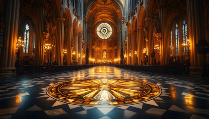 Golden-lit interior of a majestic church, with intricate details, stained glass, and a patterned floor
