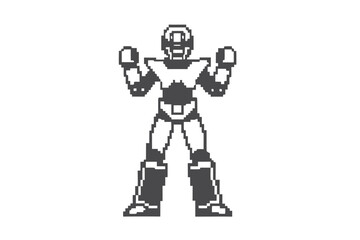 Pixelated Vintage Robot Isolated on White Background, Retro Arcade Style Icon