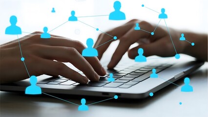 Hands typing on a laptop with interconnected user icons symbolizing network communication