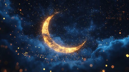 Naklejka premium Night sky crescent moon clouds stars magical festive background