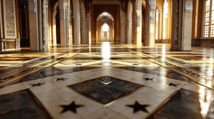 Obraz premium Sunlit ornate palace hallway, intricate floor, background light, architectural detail, interior design
