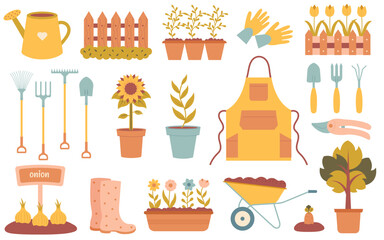 Gardening tools and flowers set. Spring set with plants, flowers, and garden tools.