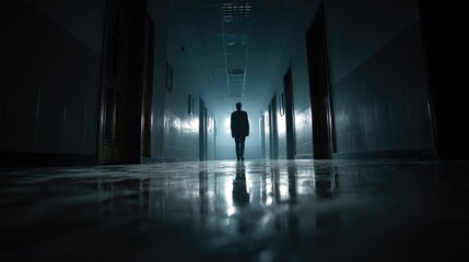 Mysterious Man Walking in Dark Hallway