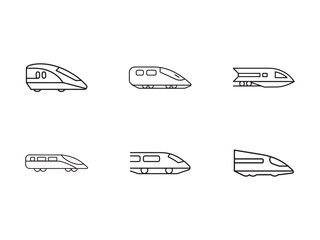 Collection of High Speed Train Icons Expressing Modern Transportation and Technological Advancement with Simple Line Art Design