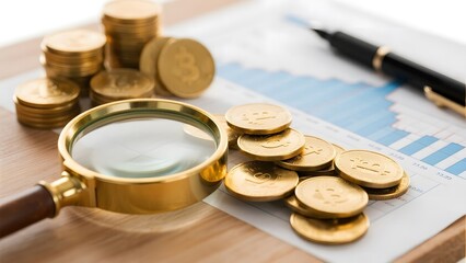 Magnifying glass over cryptocurrency coins and financial charts