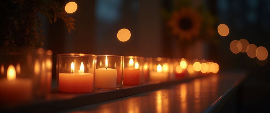 Elegant Candlelight Vigil Photo Stock: Memorable Memorial Day Tribute with Warm Illumination and Artistic Composition, Featuring Empty Space for Custom Text